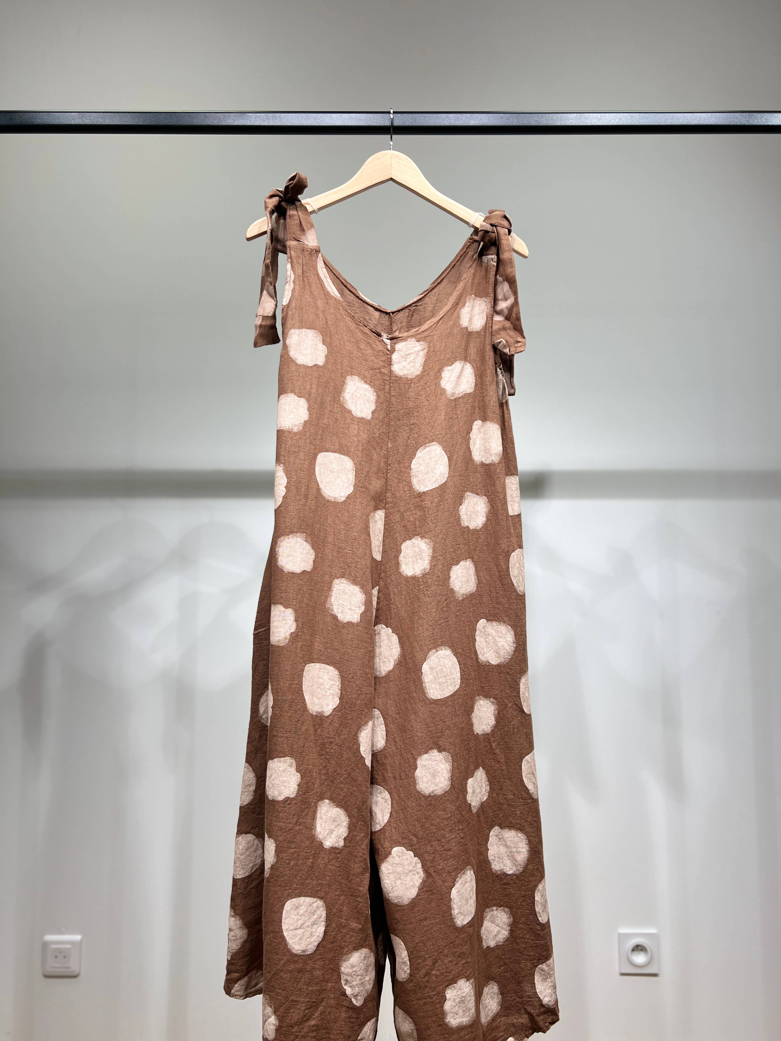 L'Emotion - Vente Combinaison – femme -  Combinaison à Pois Bretelles Nœuds Ajustables 100% Lin1