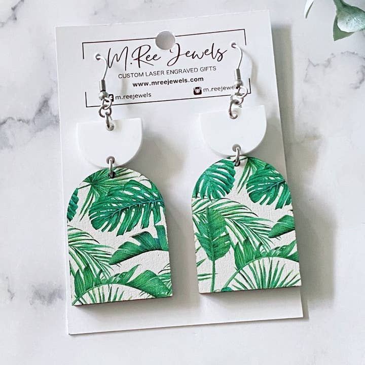 Geometric Green White Monstera Plants Dangle Earrings for wholesale by M.Ree Jewels Creative