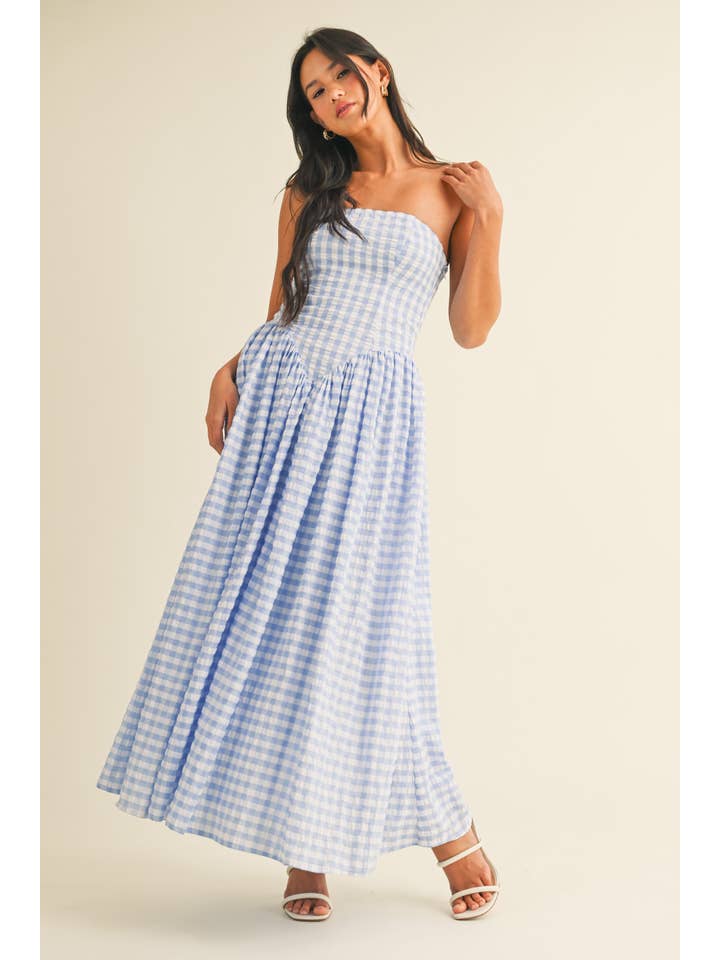 Klesis - Wholesale Dress - Women's - ID9088 GINGHAM DROPWAIST STRAPLESS MAXI DRESS