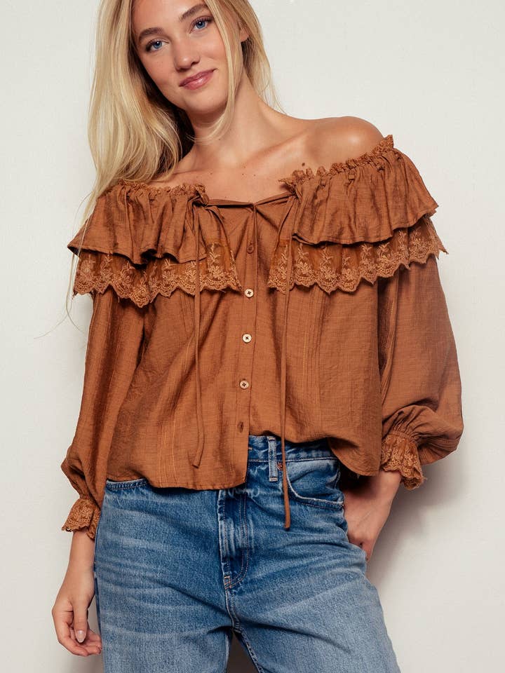 Boho Lace Ruffle Off-Shoulder Casual Top Blouse for wholesale by Fashion Week