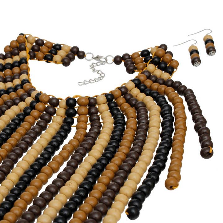 Bib Long Brown Wood Bead Fringe Global Necklace for wholesale on Faire2