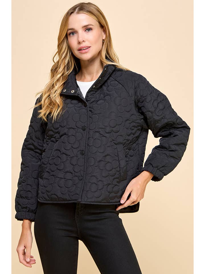 Black CJ6587-Floral Quilted Button Down Jacket for wholesale on Faire