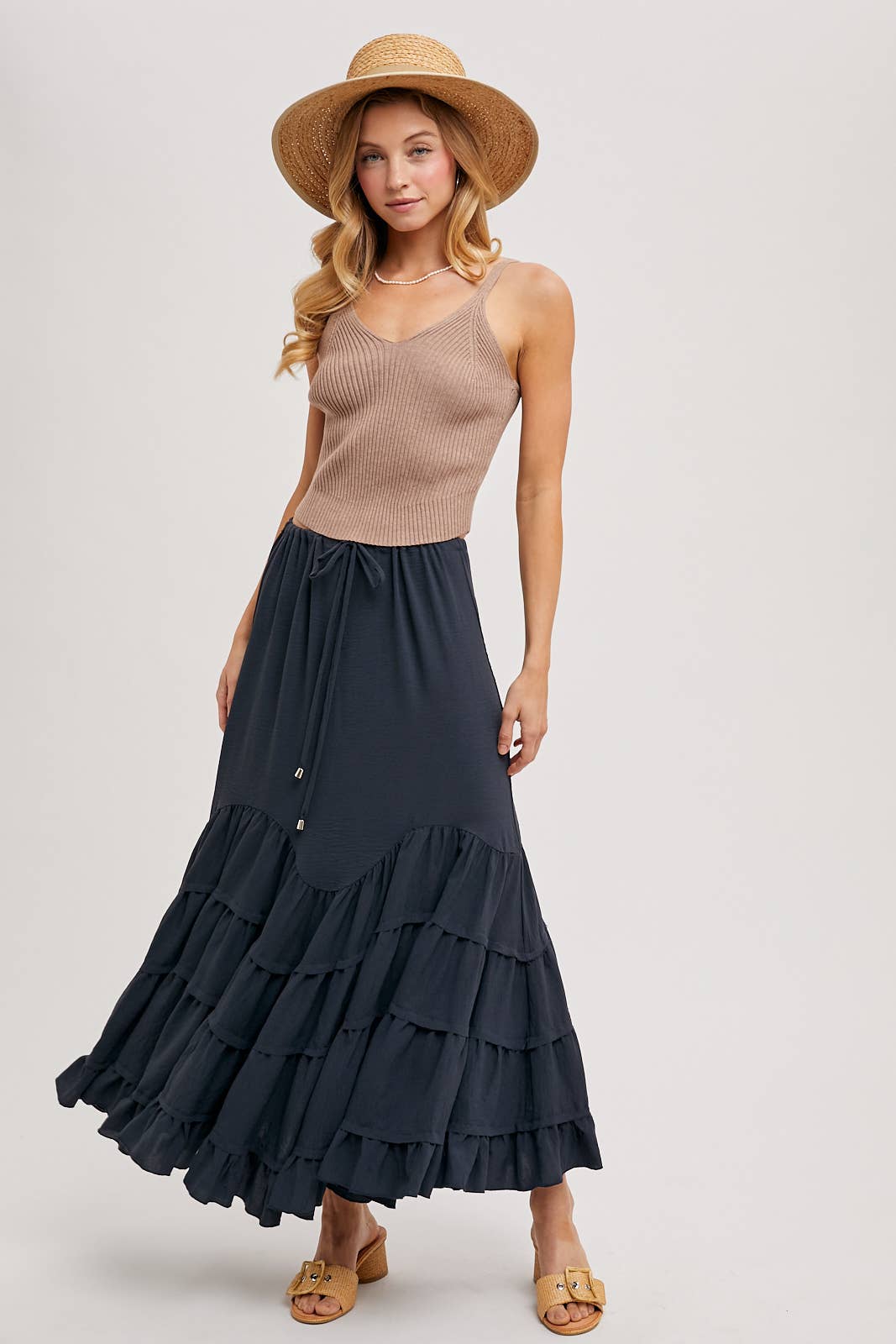 Bluivy - Wholesale Skirt - Women's - RUFFLED DRAWSTRING WASIT MAXI SKIRT WITH LINING10