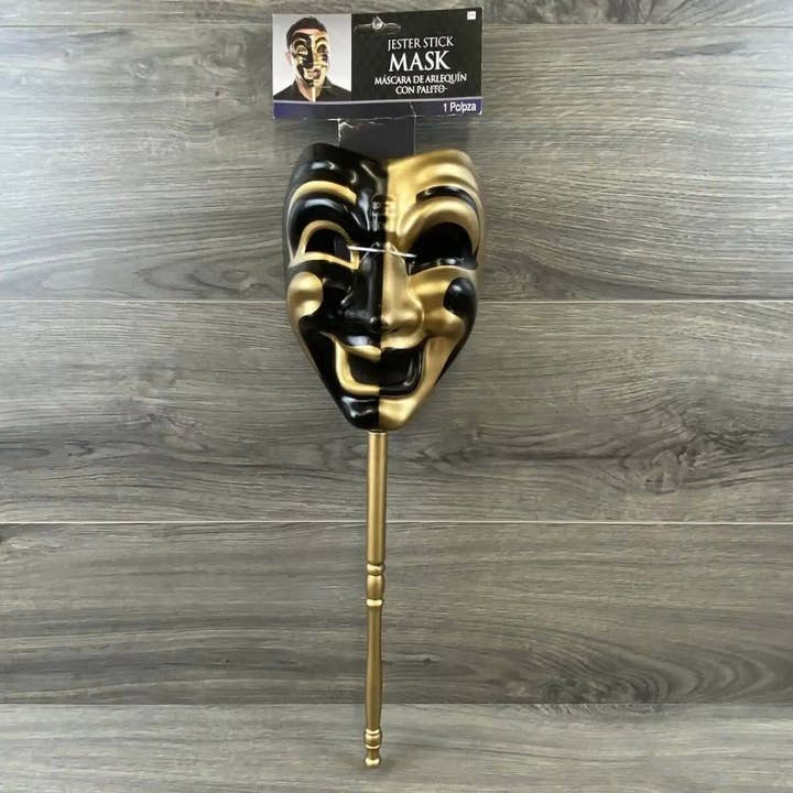 Party Expo, LLC - Wholesale Costume - Unisex - Mens Gold Jester Venetian Stick Masquerader Ball Mask1