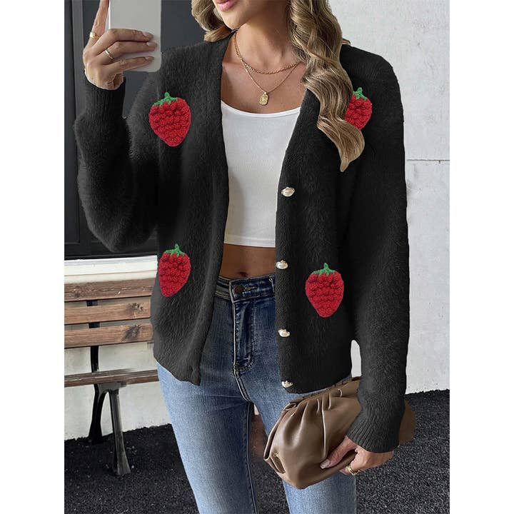 UNISHE - Wholesale Knit Sweater - Women's - Button Embroidered Strawberry Patchwork Knit Cardigan OYM2511