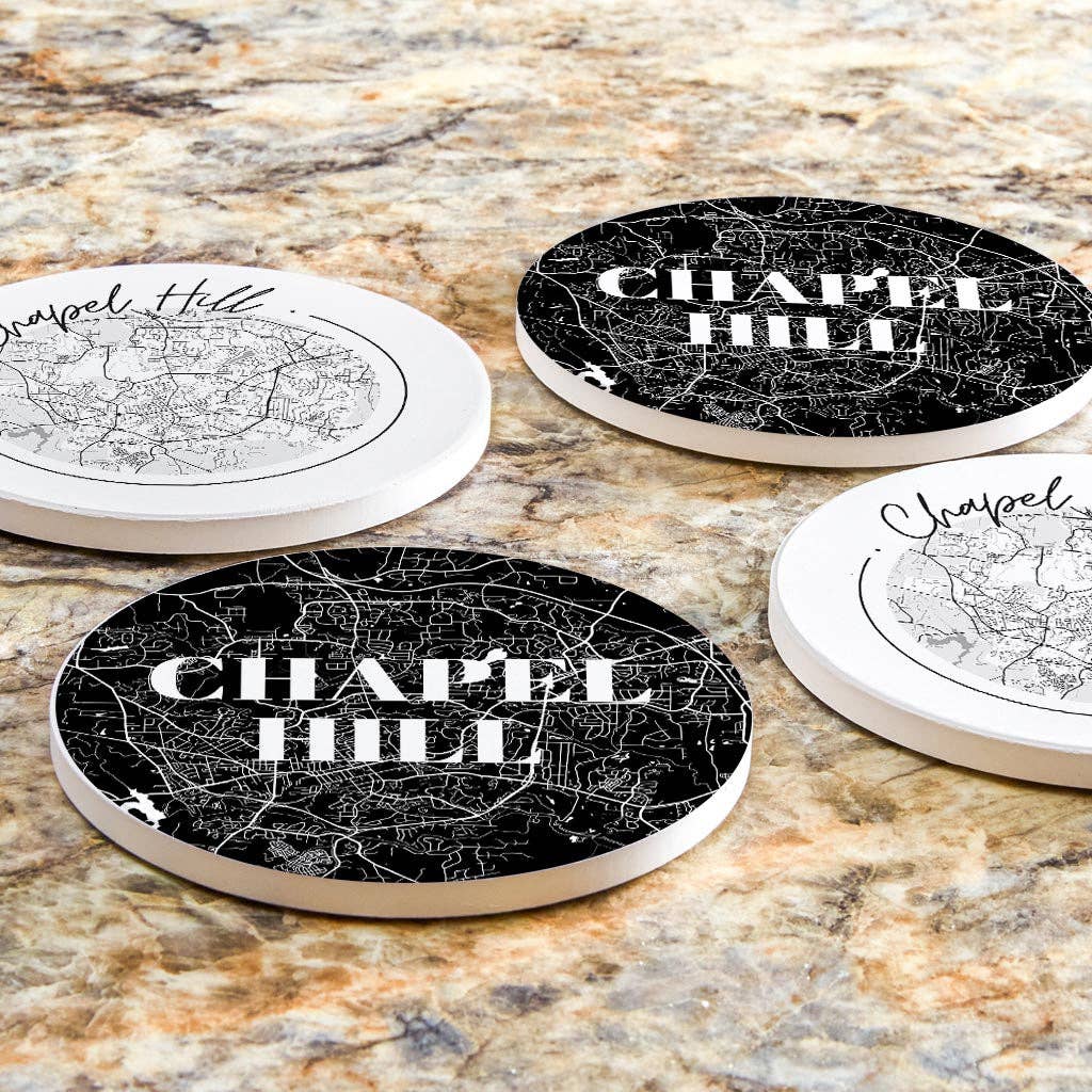Love Local - Wholesale Coasters - Minimalistic B&W North Carolina Chapel Hill Maps | Absorbent Coasters | Set of 4 | Min 26