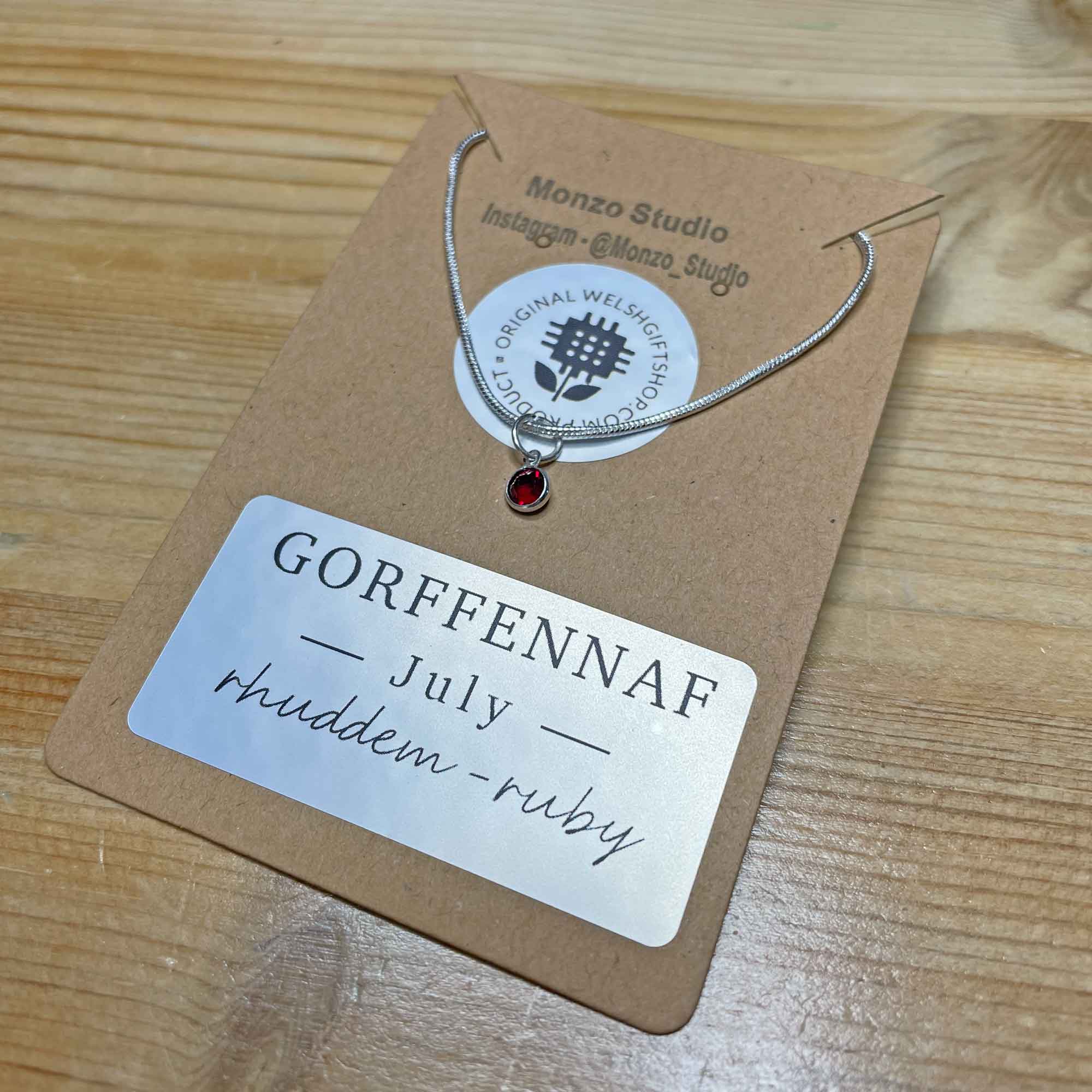 The Welsh Gift Shop - Wholesale Pendant/Charm Necklace - Birthstone Crystal Pendant - Silver Necklace - Welsh Language - July / Ruby4