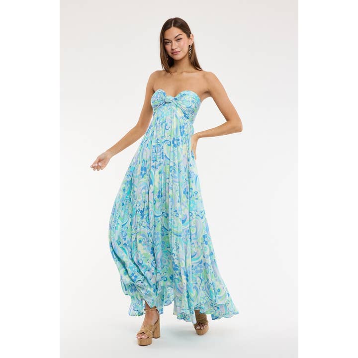 BLUE WAIVE ACCORDION RUFFLE TUBE MAXI DRESS for wholesale by Sky to Moon