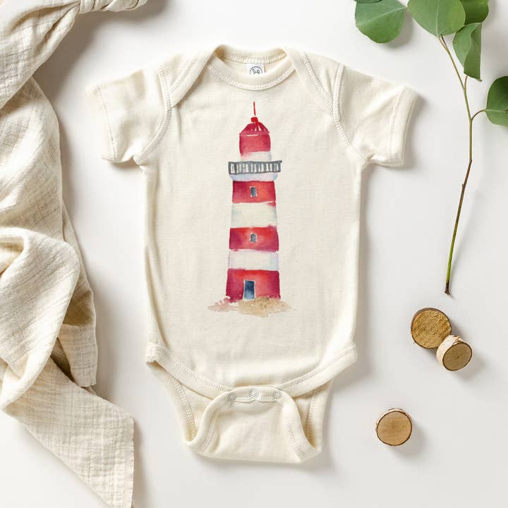 Watercolor Lighthouse Natural Color Baby Bodysuit for wholesale by Love You a Latte Shop
