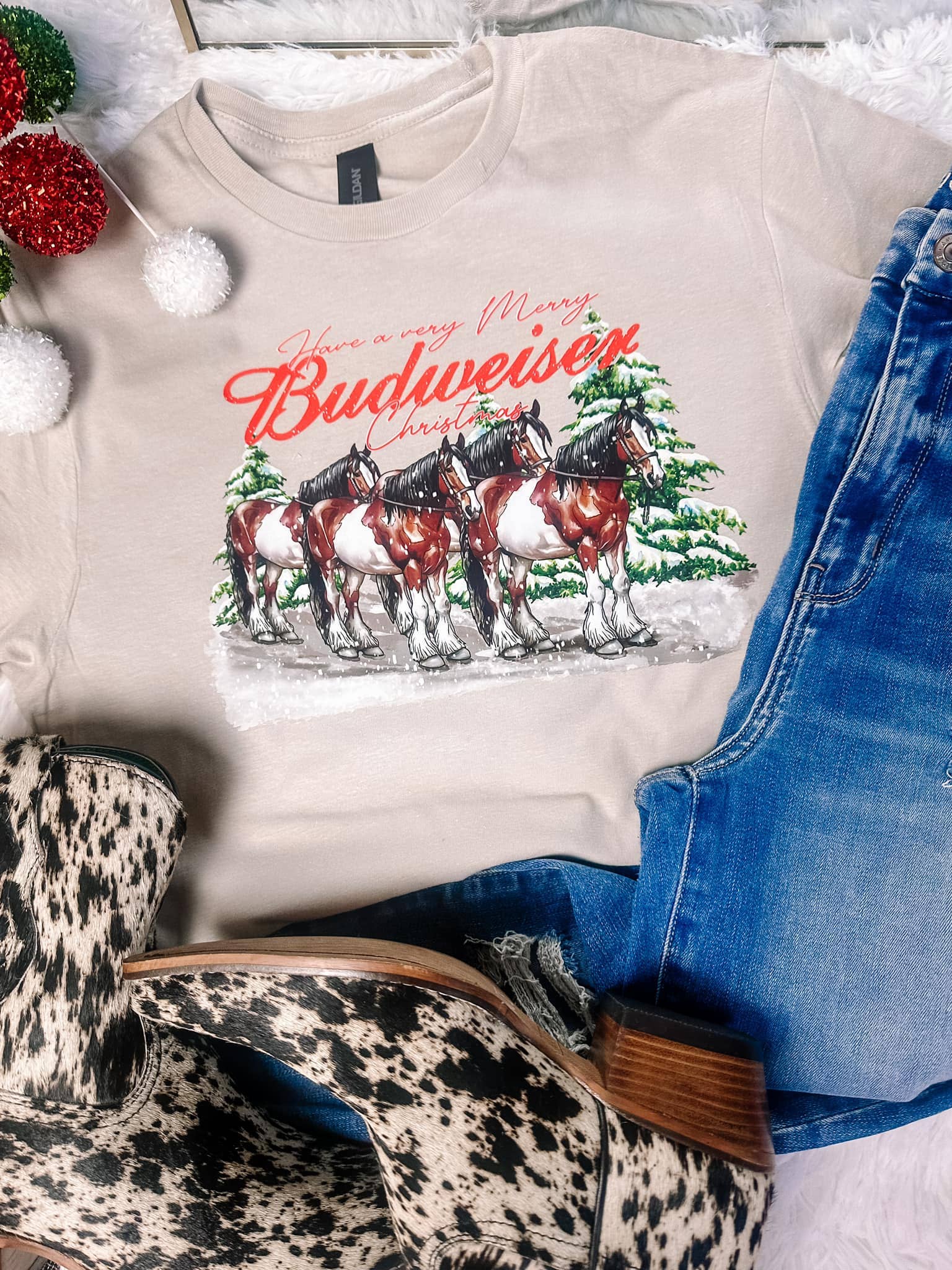 ZZ Threadz - Wholesale Screen Printed T-Shirt - Women's - Have Yourself a Merry Budweiser Christmas Graphic Tee0