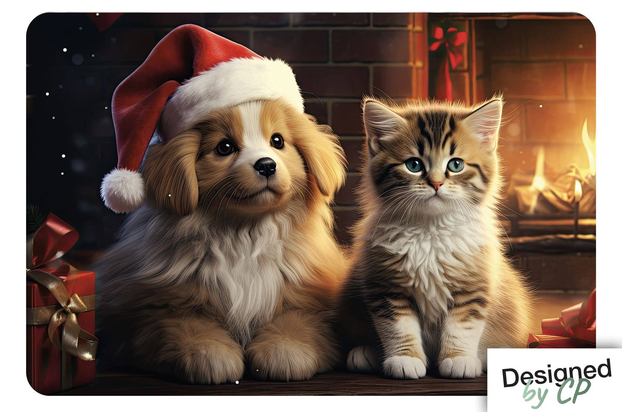 CP INTERNATIONAL - Wholesale Christmas Decoration - Puppy+Kitten Table Set In Front Of The Christmas Fireplace #5180