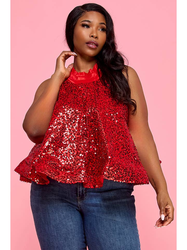 Namatt Design – wholesale Blus - Dam – Plus paljett halterneck ärmlös utsvängd blus topp