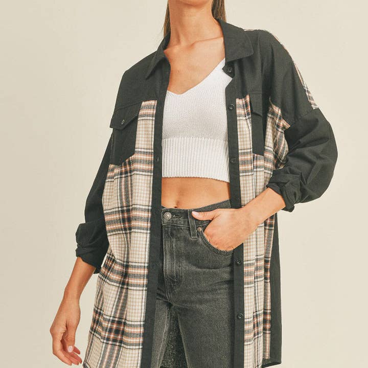 ID3789- Plaid and solid blocked button-down shirt for wholesale by IWT Brands