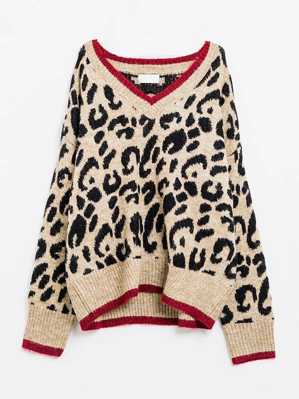Brown Leopard V-neck sweater with red line detail for wholesale on Faire0