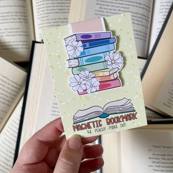 Pride book stack and flowers magnetic bookmark for wholesale by The Peachy Polka Dot