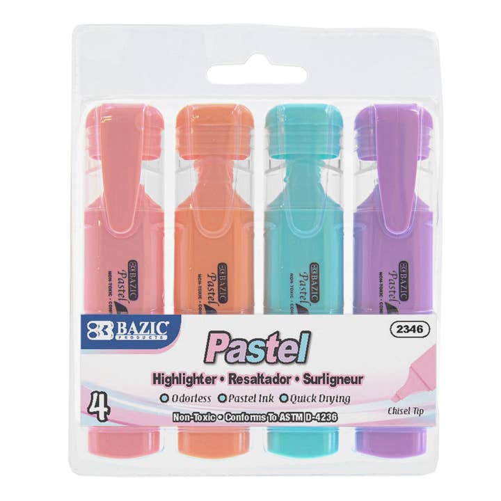 Luna Office Supply - Everyday Essential - Wholesale Highlighter - Pastel Highlighters w/ Pocket Clip (4/Pack)