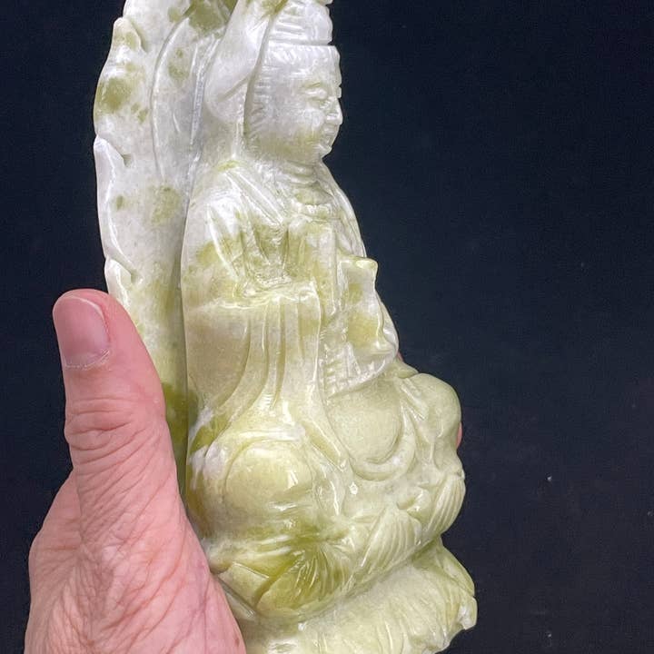The 7 Directions - Wholesale Sculpture - 6" Serpentine Guan Yin on Lotus carving F35A