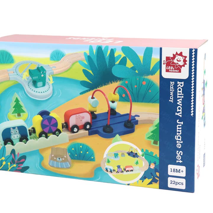 Leo & Friends - Wholesale Wood Toy - Kids - Wooden Railway Jungle 22-Piece Animal Set, Train Cars4