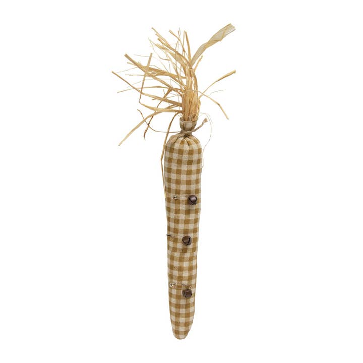 The Hearthside Collection - Wholesale Decorative Tabletop Object - Tan & Cream Buffalo Check Fabric Carrot w/Rusty Jingle Bells