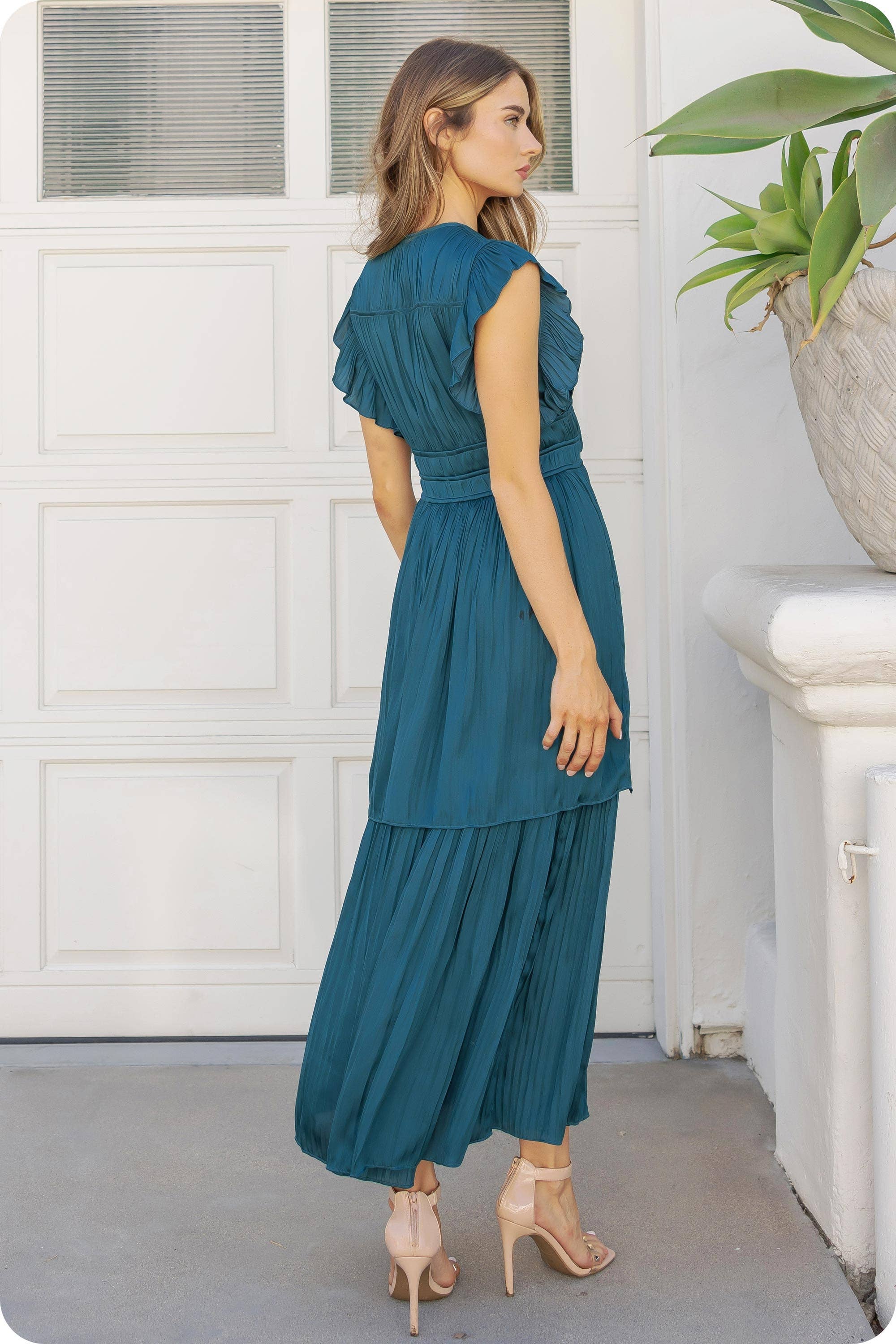 Strut & Bolt – wholesale Dress – Women's – Ruffled Pleated Satin Long Dress6