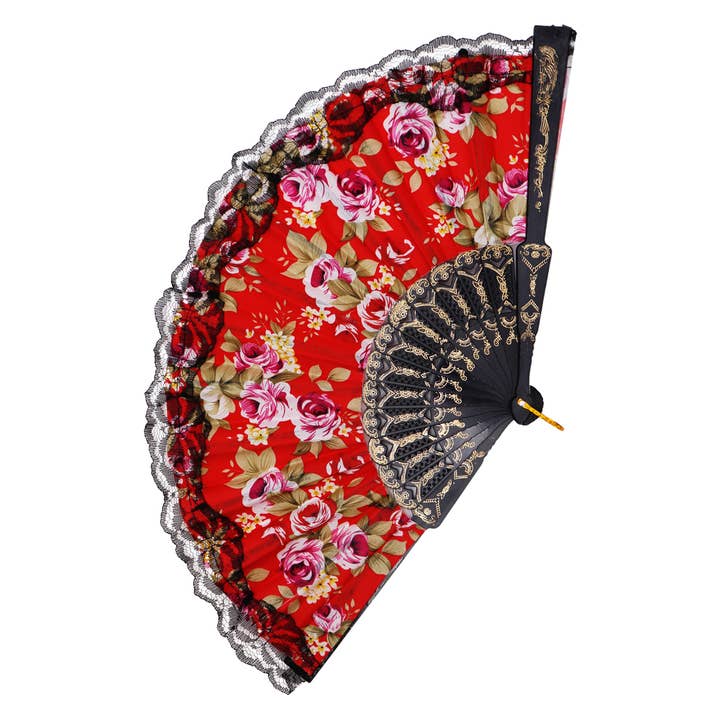 Cap Zone - Wholesale Handheld Folding Fan - Peony Floral Lace Trim Hand-Held Folding Fan