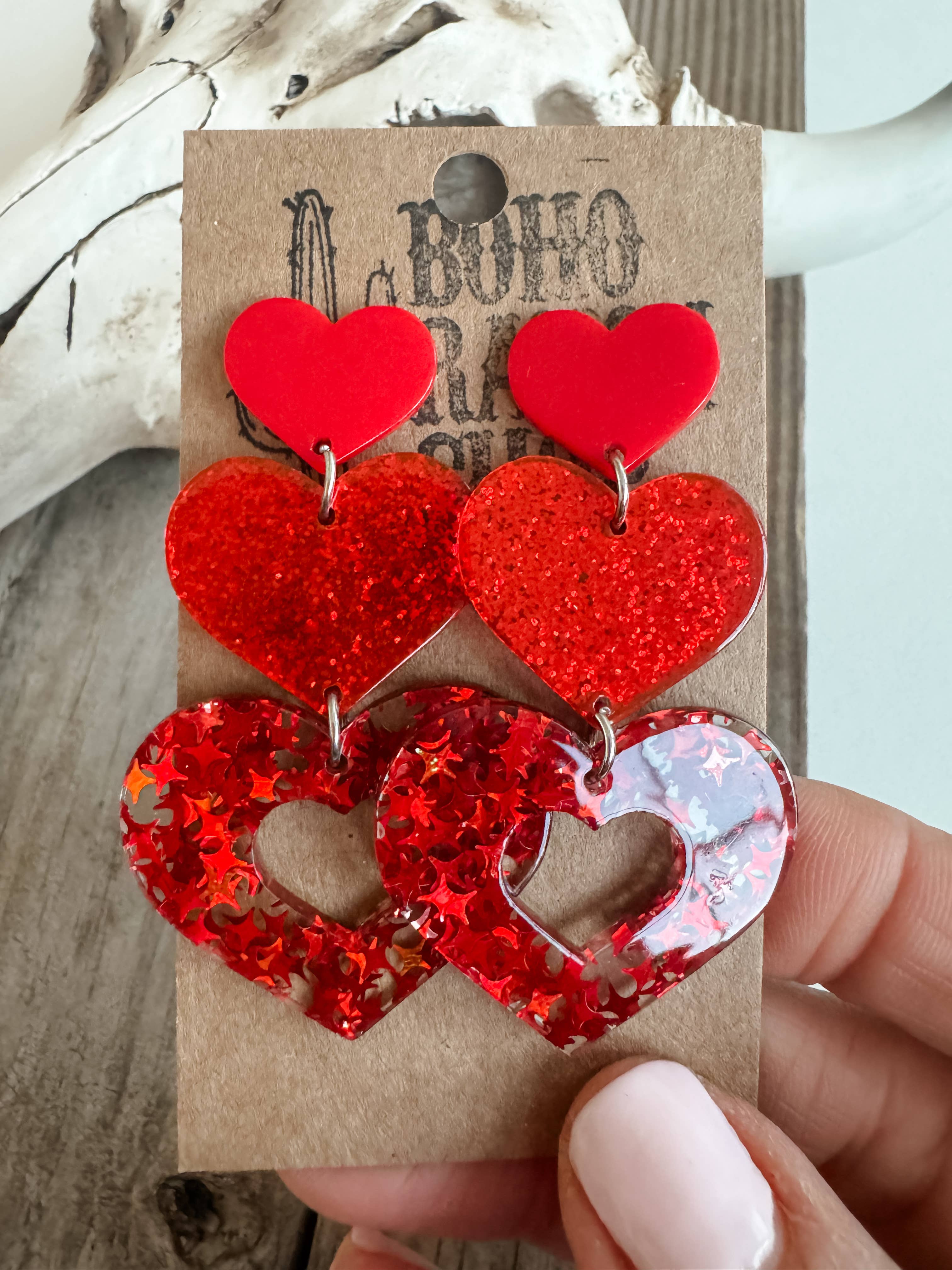 Boho Ranch Shop - Wholesale Stud/Post Earrings - Stacked Red Heart Earrings - Valentines’s Day - Love