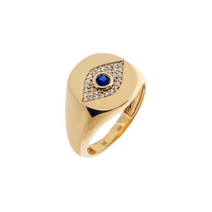 Diamond X Sapphire Blue Evil Eye Signet Pinky Ring 14K for wholesale on Faire0