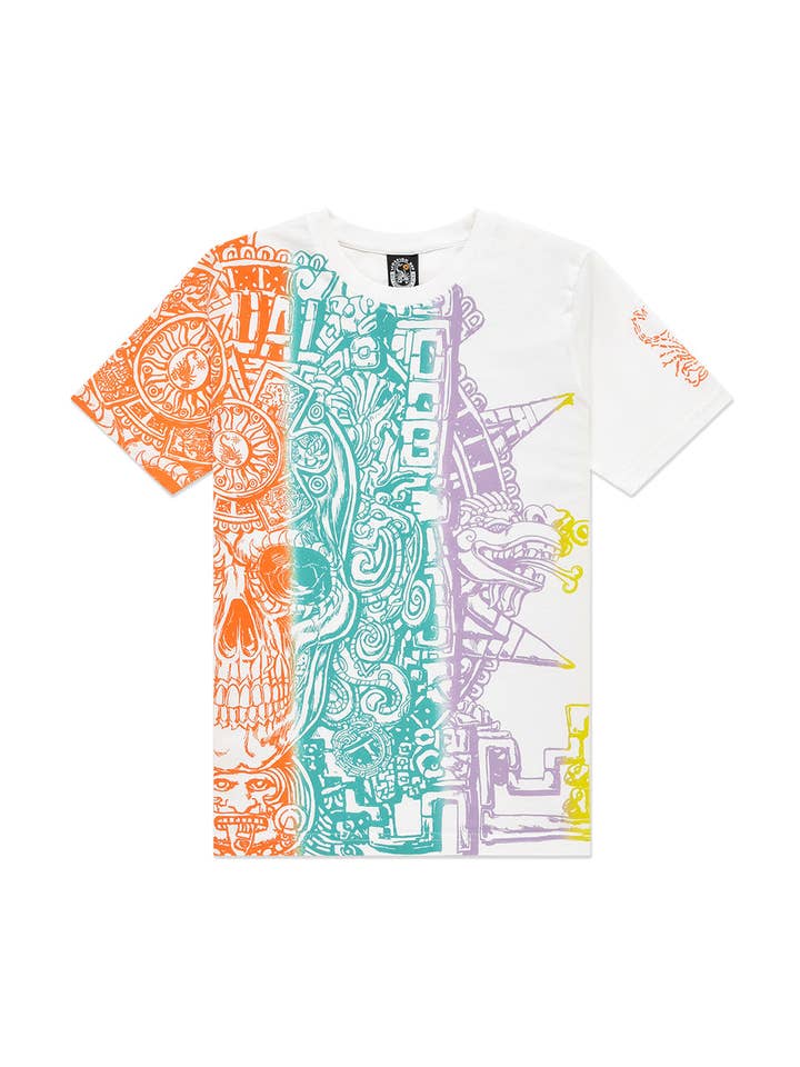 Enfant | T-shirt blanc 100% coton avec impression multicolore "Inca Skull" pour la vente par Scorpion Bay