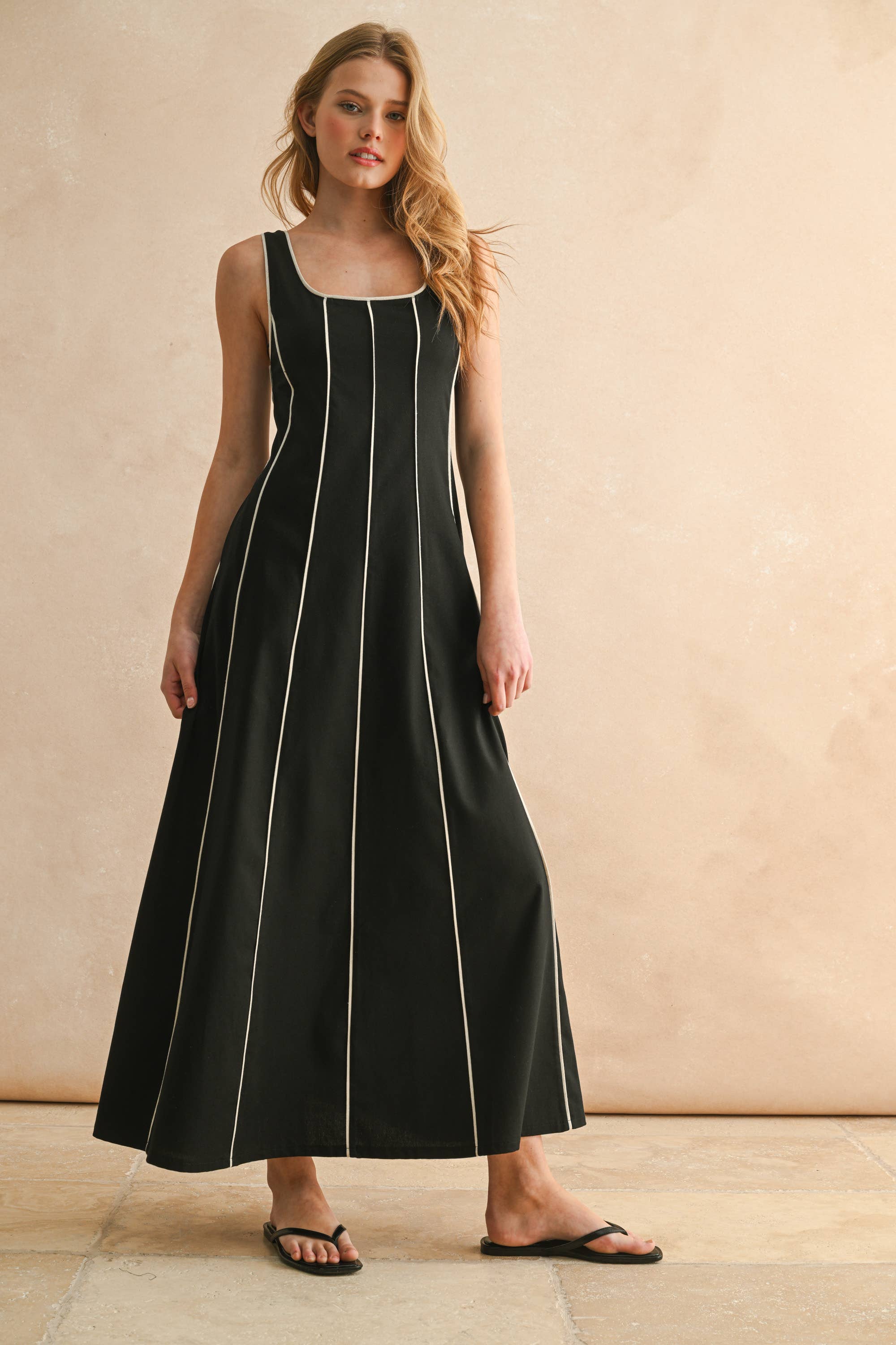 MIOU MUSE - Wholesale Dress - Women's - D5034 PIPING DETAILED PANEL LONG DRESS