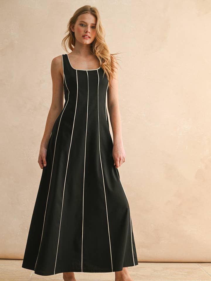MIOU MUSE - Wholesale Dress - Women's - D5034 PIPING DETAILED PANEL LONG DRESS