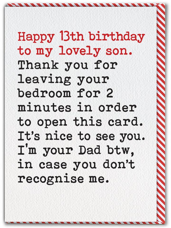 Funny 13th Birthday Card Leaving Bedroom Son From Dad for wholesale by Brainbox Candy