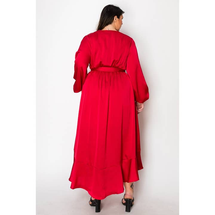 Curve Market - Wholesale Dress - Women's - PLUS SIZE SATIN SURPLICE LONG SLEEVE TIE WAIST RUFFLE TRIM H