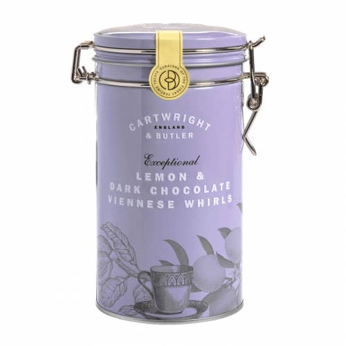 C&B Lemon & Dark Chocolate Viennese Whirls in Tin for wholesale by Cartwright & Butler
