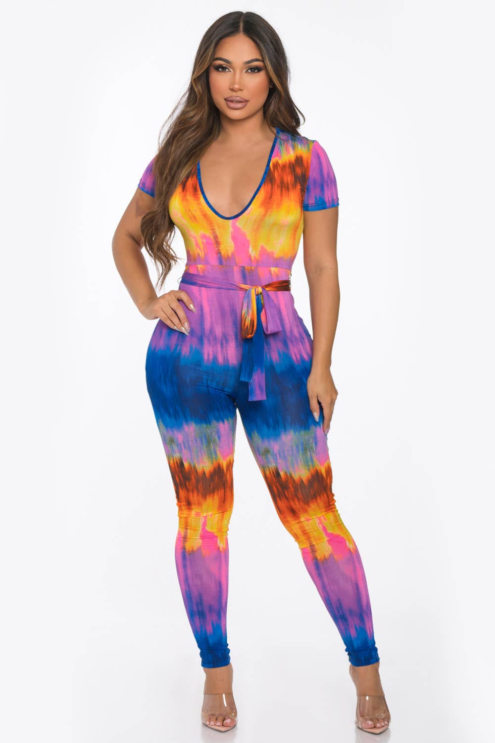 ROYAL PINK J7396 V Neck Belted Jumpsuit for wholesale on Faire5