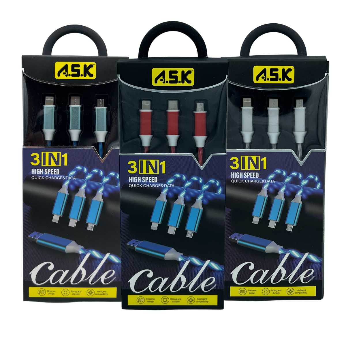 K & S WHOLESALE INC - Wholesale Charging Cable - A.S.K LED 3 in 1 Charging Cable with Multiport Device 48 CT2