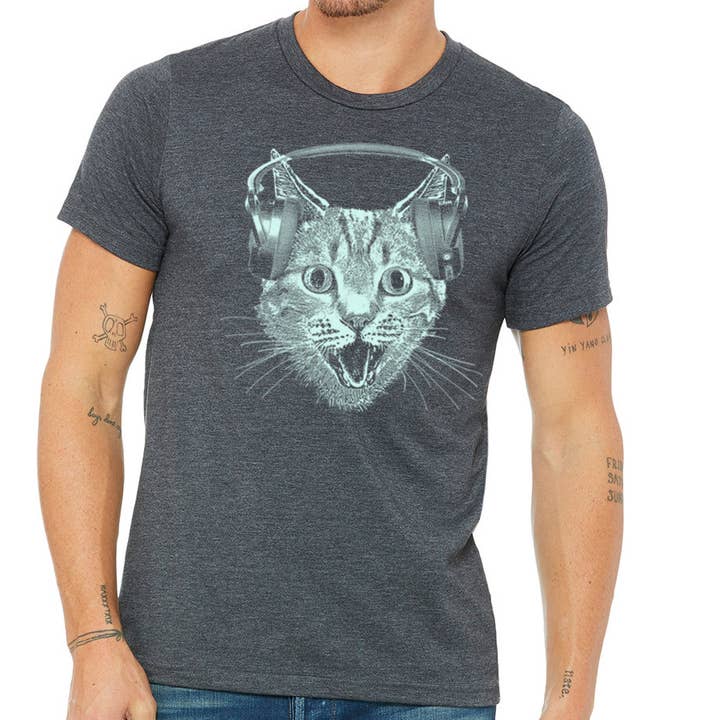 MISSION THREAD CLOTHING – Großhandel T-Shirt mit Siebdruck – Herren – Katzen-T-Shirt mit Kopfhörern für Herren, Katzen-DJ-Shirt für Herren