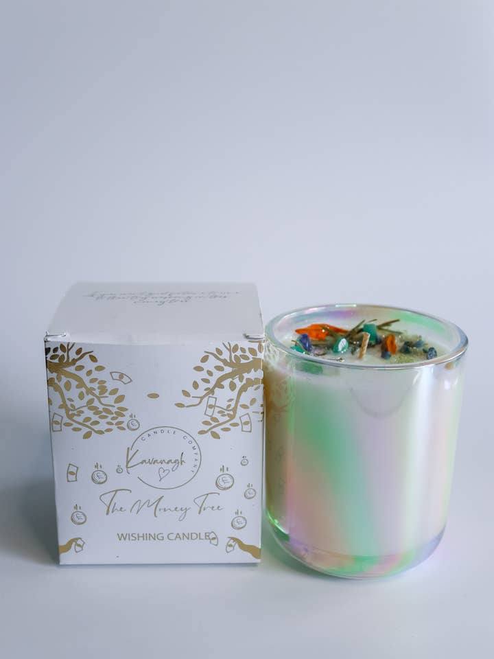 Crystal infused candle, manifest wealth and abundance, gifts for wholesale by Kavanagh Candle Company