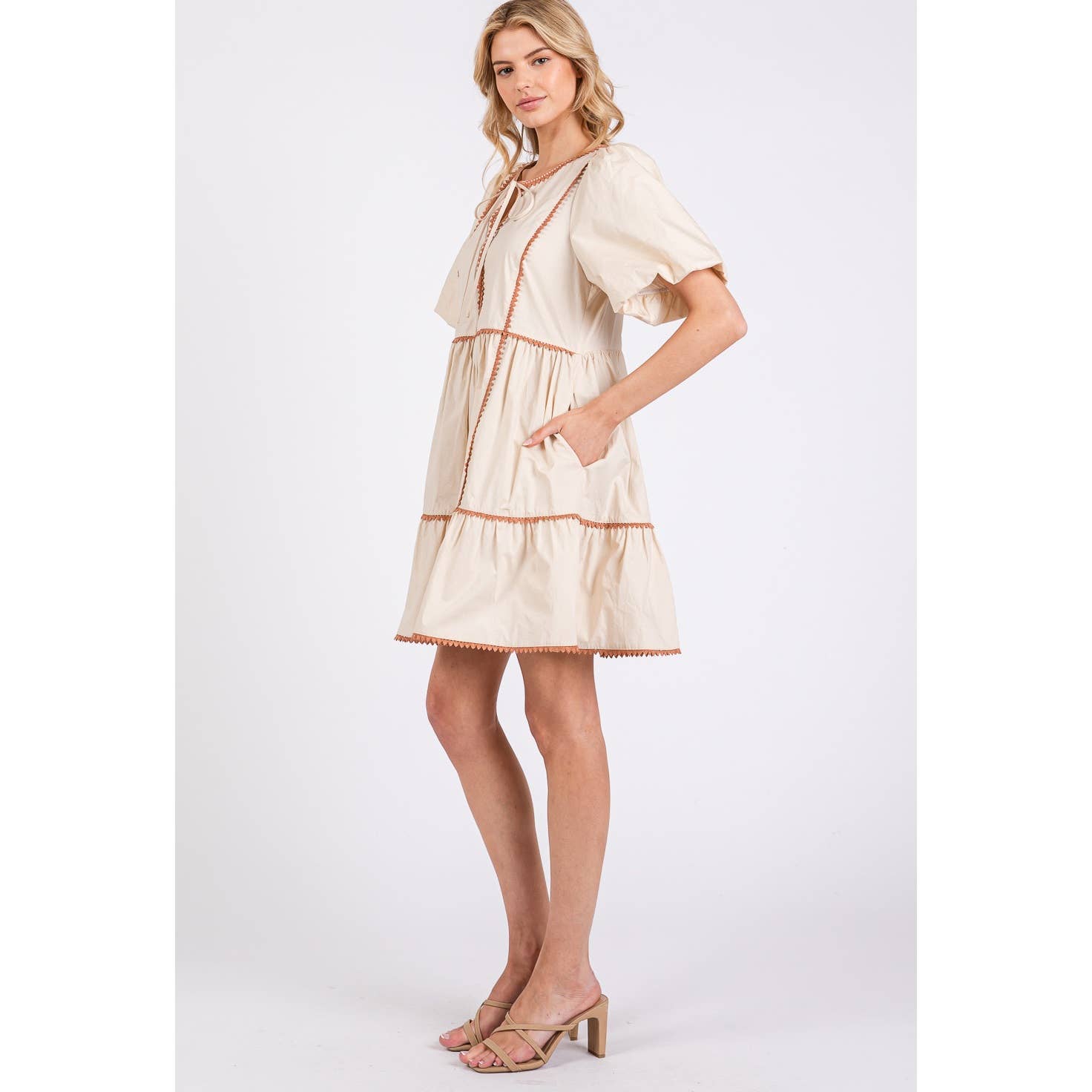 Beige RUSTIC TIERED PRAIRIE MINI DRESS (SD7694) for wholesale on Faire1