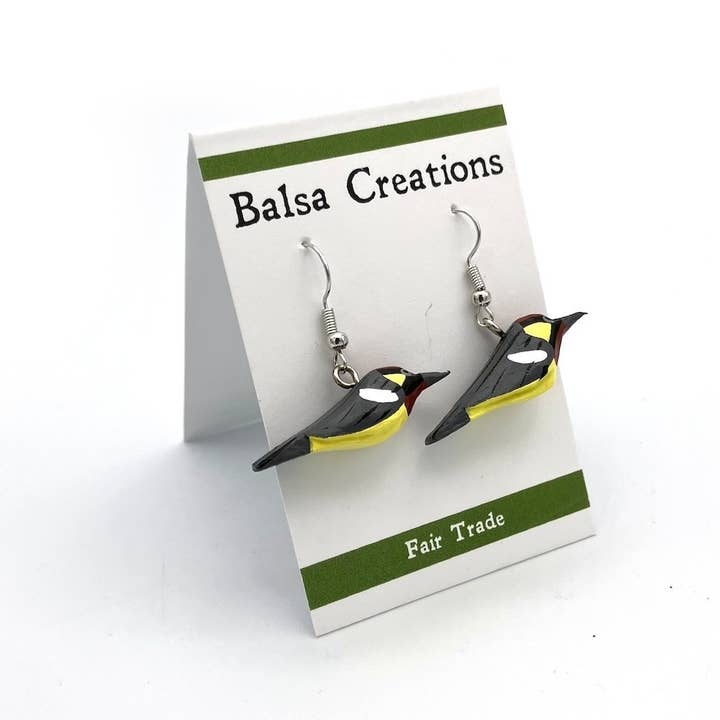 Bay-breasted Warbler Balsa Earrings for wholesale by Women of the Cloud Forest