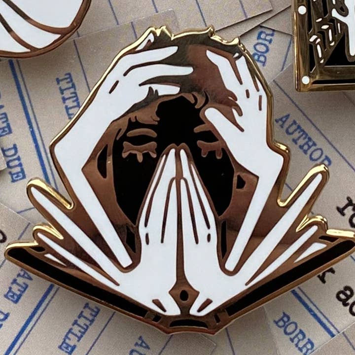 Head In Hands Dark Academia Hard Enamel Pin for wholesale by rosefinchie