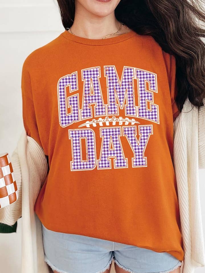 Lila Gingham Spieltag Plus Schweres Baumwoll-T-Shirt für den Großhandel von COLORBEAR