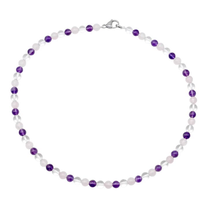Foliesbijoux – Engroshandel Perlehalskæde – Antistress- og angsthalskæde med rustfri stålkrog – ametyst, bjergkrystal og rosenkvarts A+ (nummer 15)