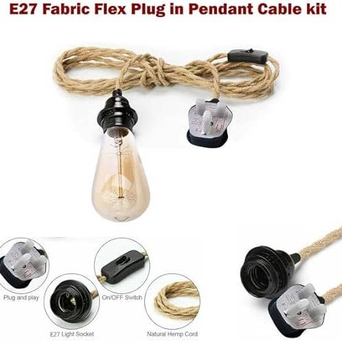 Ledsone - Wholesale Chandelier/Hanging Light - LEDSone Plug-In Hanging Pendant Light with Inline Switch in Black & Hemp~45544