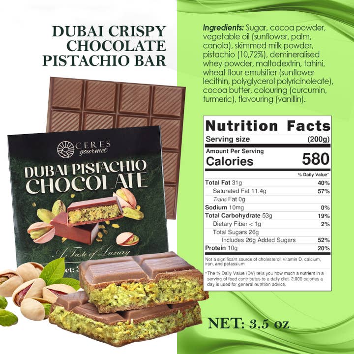 Ceres Gourmet - Wholesale Chocolate Bar - Dubai Chocolate Pistachio Bar 3.5oz (100g) 24 Pieces