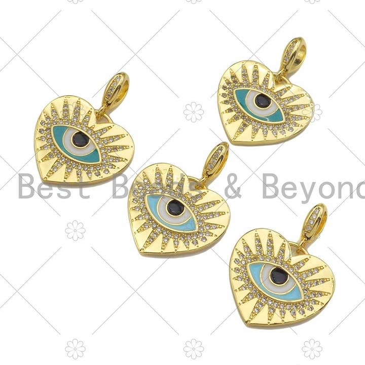 CZ Micro Pavé 18k Gouden Emaille Boze Oog Op Hart, LK211 voor wholesale door BestBeads&Beyond