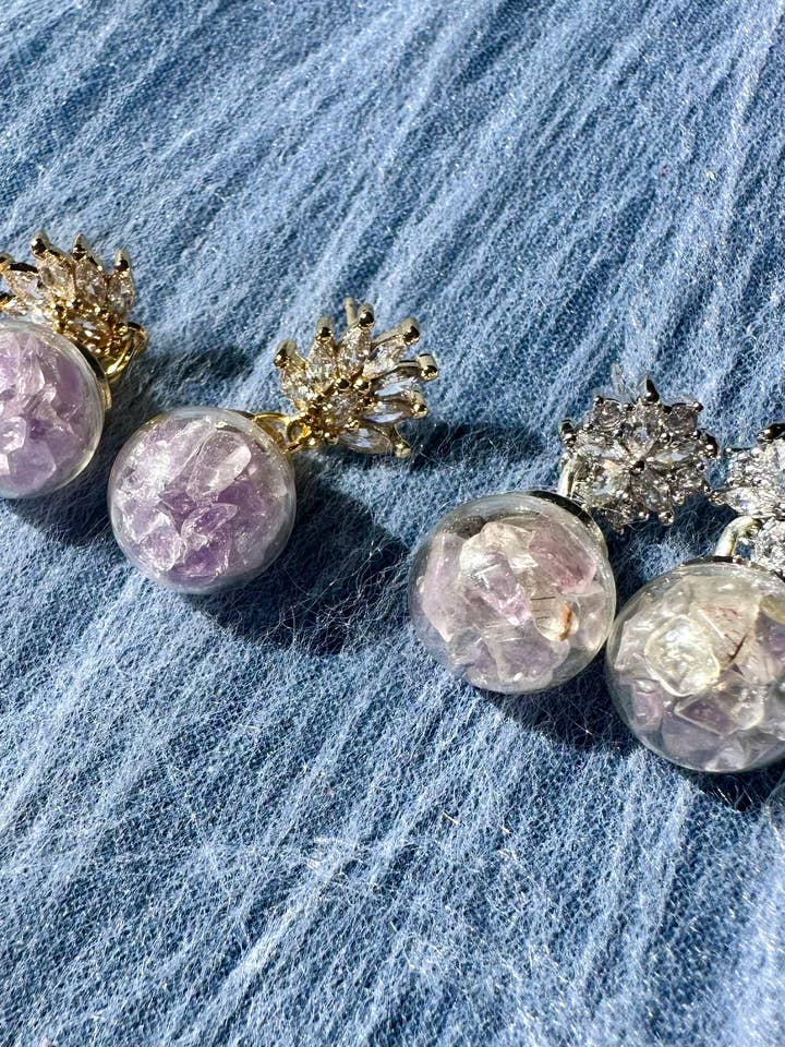 Ametrine crystal potion dangle earrings for wholesale by She makes clay