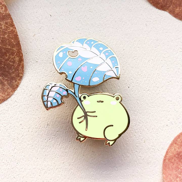 Alum and Ink - Wholesale Lapel Pin/Button - Gogo the Frog Leaf Umbrella Enamel Pin