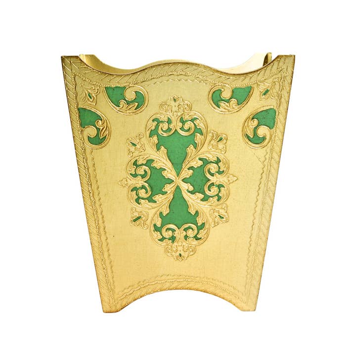 Via Graceffo - Vente Poubelles/Corbeilles - Corbeille à papier en bois sculpté florentin, vert basilic et or, fabriquée en Italie0