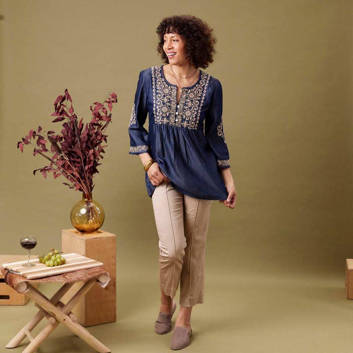 rockflowerpaper - Wholesale Tunic - Women's - DENIM TENCEL Tunic with Tan Embroidery