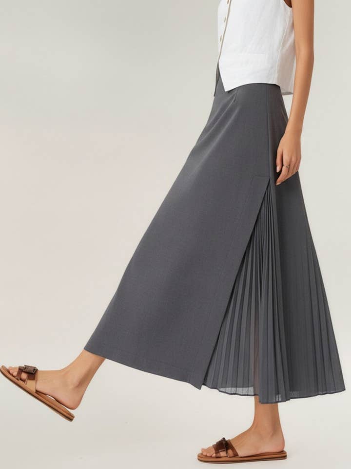 Maxi Skirt with Sleek Straight Silhouette and Soft Pleated Side Panel Detail for Elegant Flowing Movement for wholesale by Anna Kaci Wholesale
